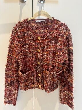 ZARA Marled Red & Orange Bouclé Button-Front Cardigan